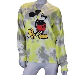 Disney WMS M Tee T Shirt Yellow Grey Mickey Mouse Tie Dye Long Sleeve Athleisure